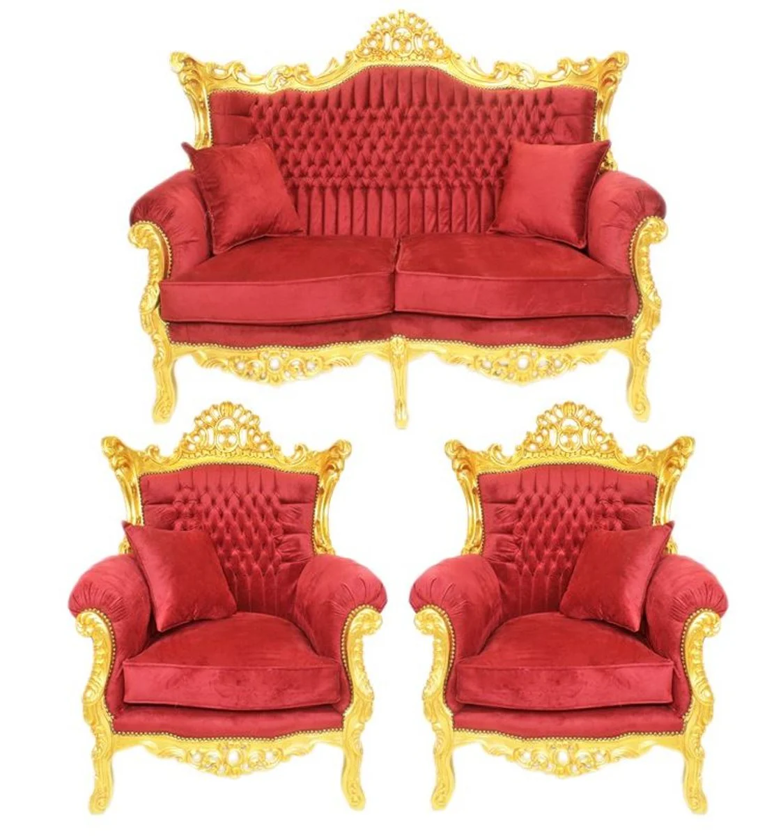 Barock Wohnzimmer Set Bordeaux Samtstoff / Gold - 2er Sofa + 2 Sessel