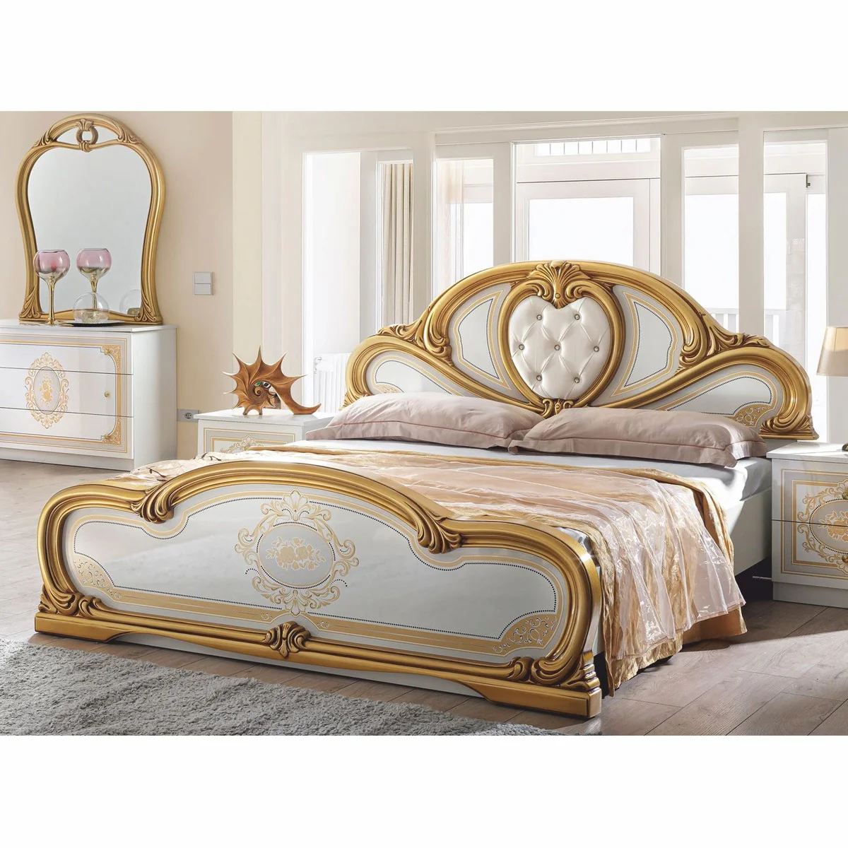 Luxury baroque double bed with rhinestones white / gray / gold - bedroom furniture