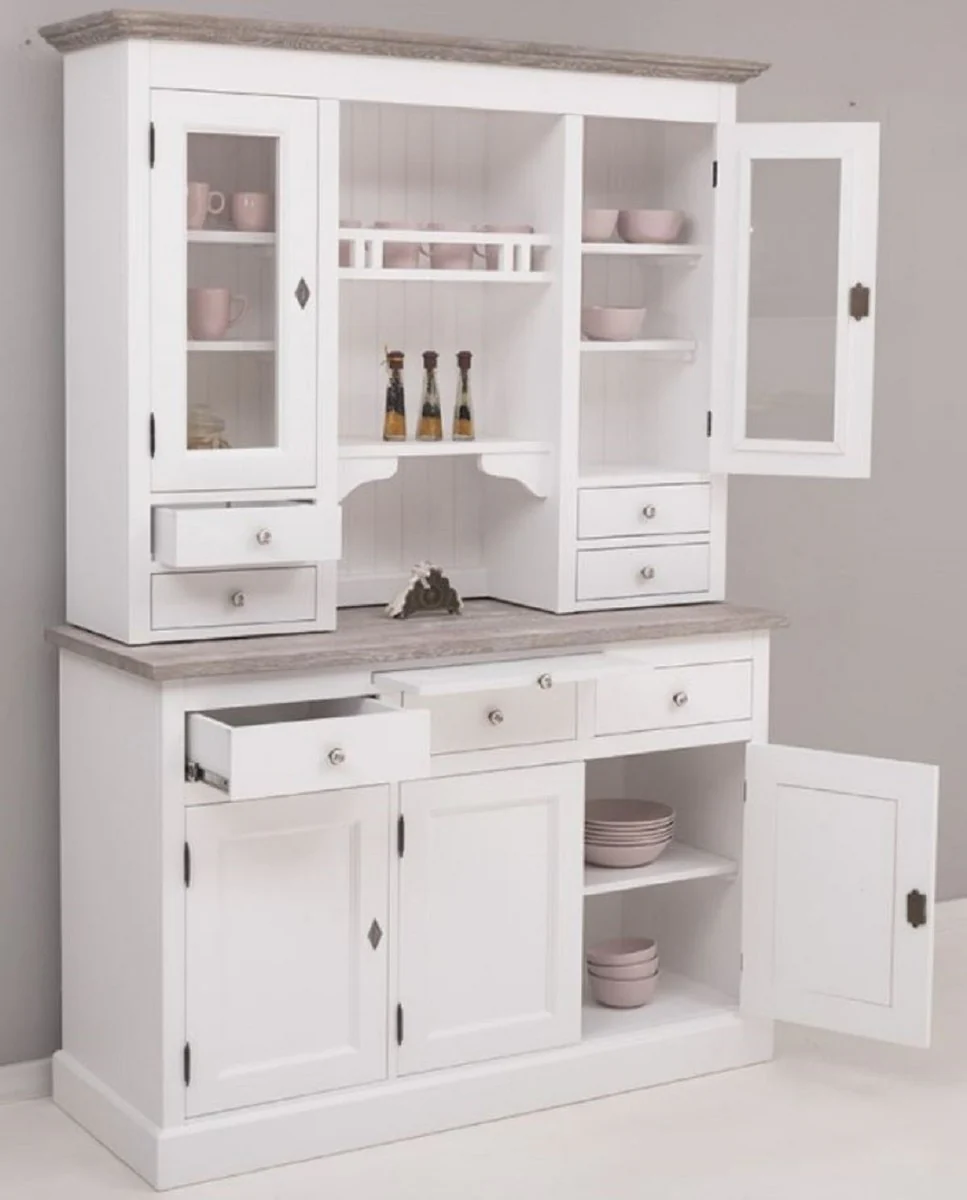 Country house style kitchen cabinet white / gray 138 x 50 x H. 197 cm - 2-part kitchen cabinet with 5 doors and 7 drawers - country house style kitchen furniture