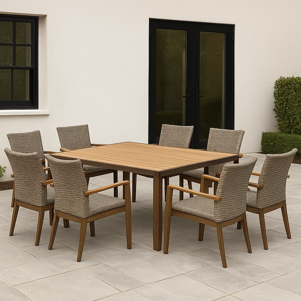 Gartentisch und Stühle, 8-Sitzer, aus Holz und Kunstrattan, beige, Tisch 180 x 90 x 75 cm, Stühle 58 x 62 x 88 cm, rechteckiges Gestell, mit Armlehnen, für Terrasse oder Balkon. - ic7ITjyVeNoR