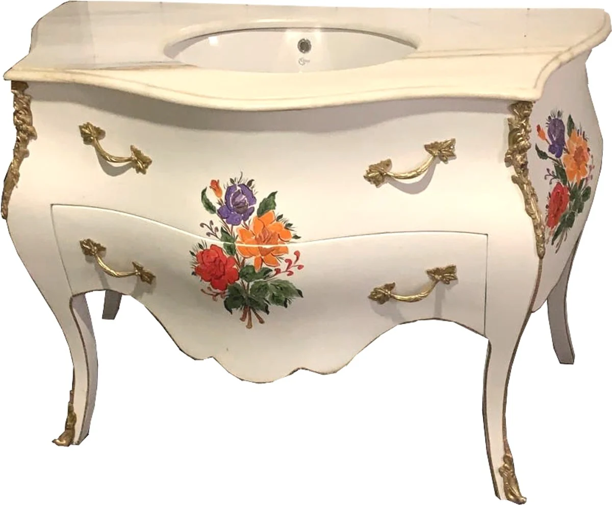 Luxury Baroque washbasin chest of drawers white / floral painting with marble top - Luxury Baroque bathroom furniture
