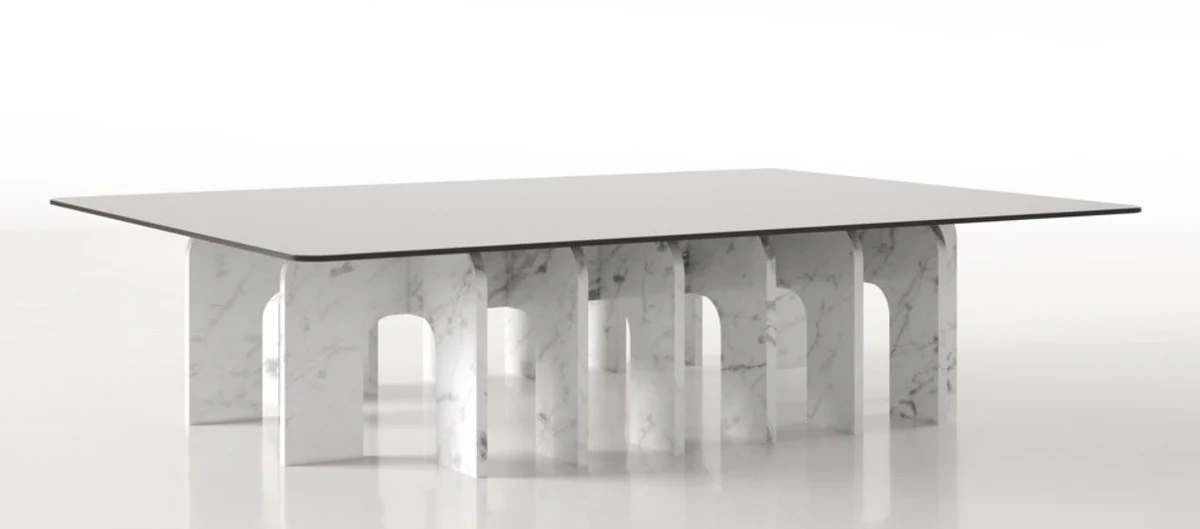 Luxury marble coffee table with glass top white 140 x 80 x H. 35 cm - Rectangular living room table made of high-quality Spanish Carrara marble - Luxury living room furniture