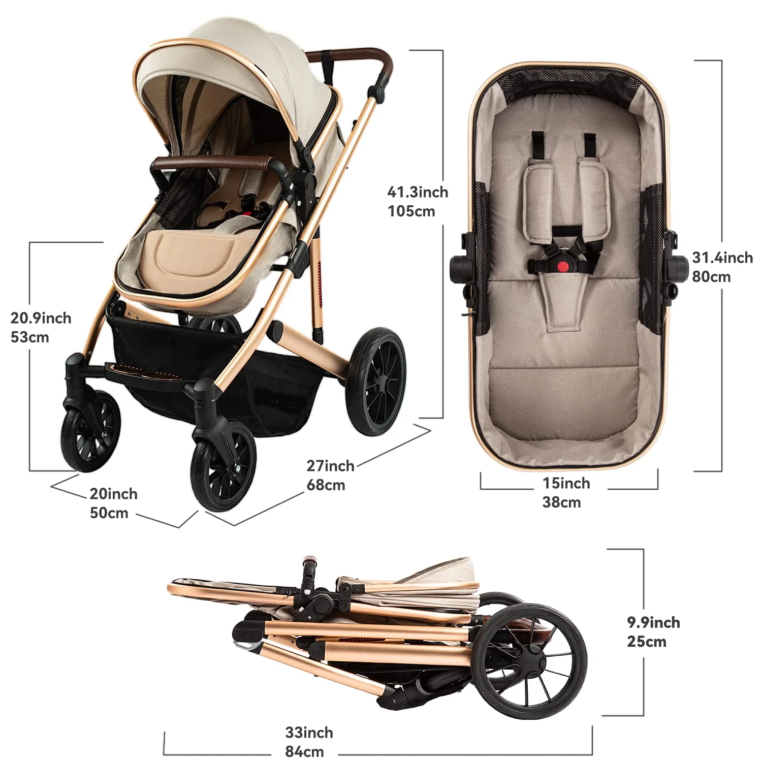 Kinderwagen – 2-in-1-Hochformat-Kabriolett-Kinderwagen mit umkehrbarem Sitz | Faltbarer Kinderwagen aus Aluminiumlegierung, stoßfest, für Kleinkinder im Alter von 0 bis 36 Monaten