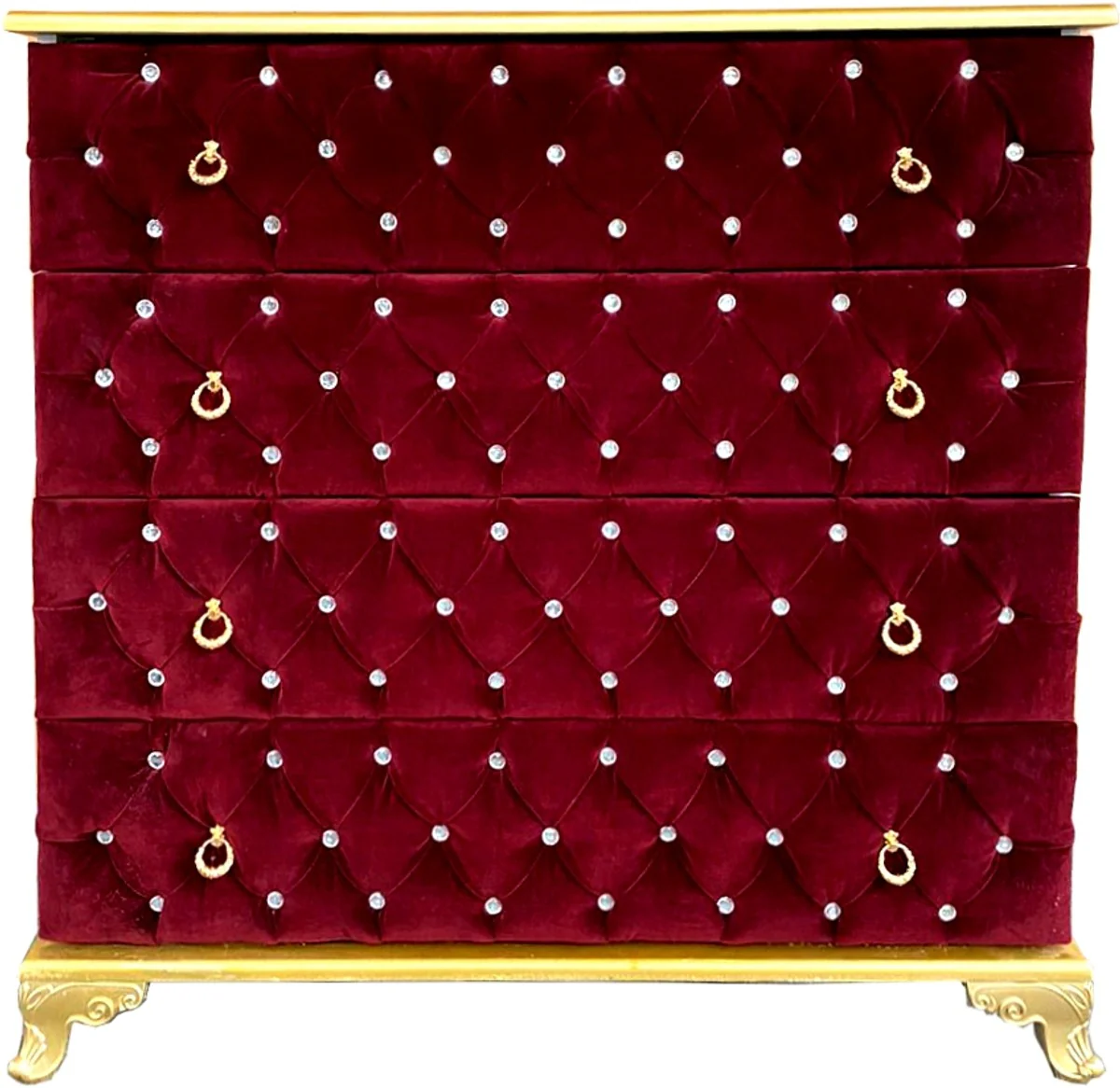 Baroque chest of drawers boardeaux red / gold 100 x 45 x H. 90 cm - solid wood bedroom chest of drawers with 4 drawers and rhinestones - baroque bedroom furniture