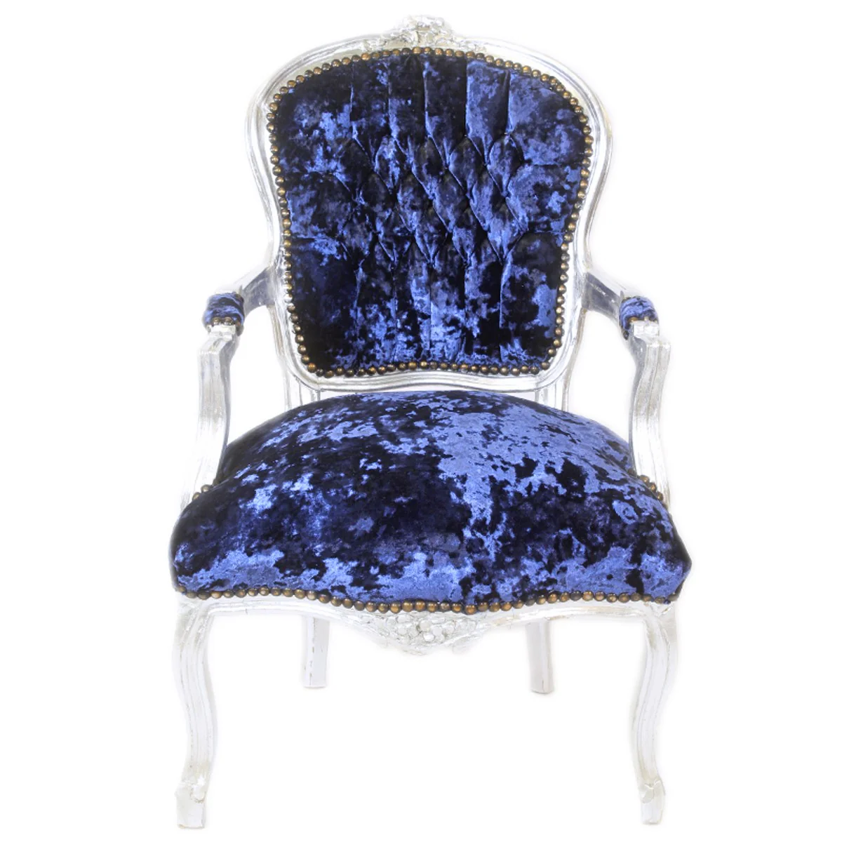 Baroque Salon Chair Royal Blue Velor Fabric / Silver - Antique Design Furniture