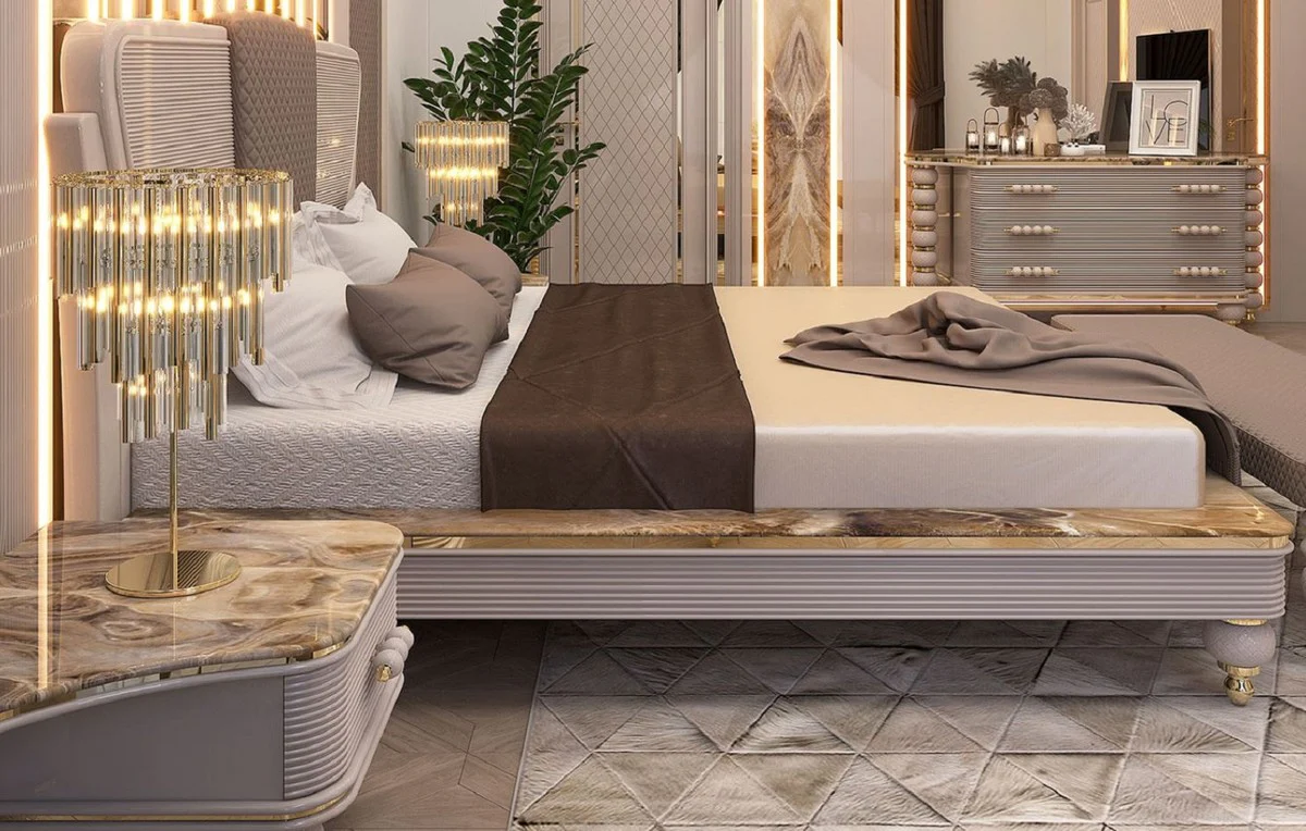 Luxury Art Deco chest of drawers gray / white / gold 170 x 50 x H. 89 cm - Magnificent chest of drawers with 3 drawers and artificial marble top - Art Deco bedroom & hotel furniture - Luxury collection