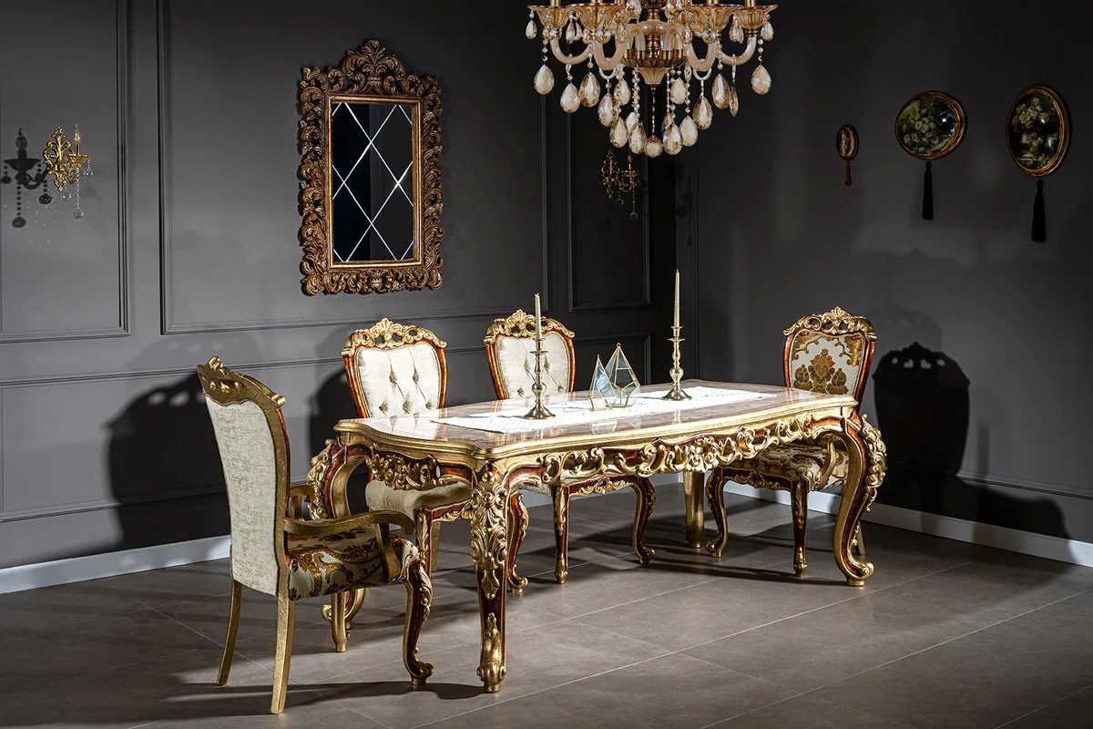 Luxury baroque dining table cream / beige / brown / gold 210 x 110 x H. 85 cm - magnificent solid wood dining room table - dining room furniture in the baroque style