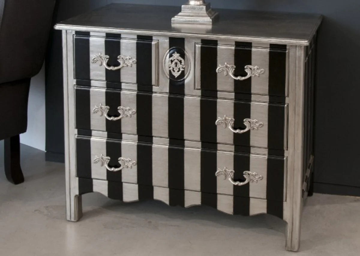 Baroque chest of drawers silver / black stripes 94cm - antique style furniture