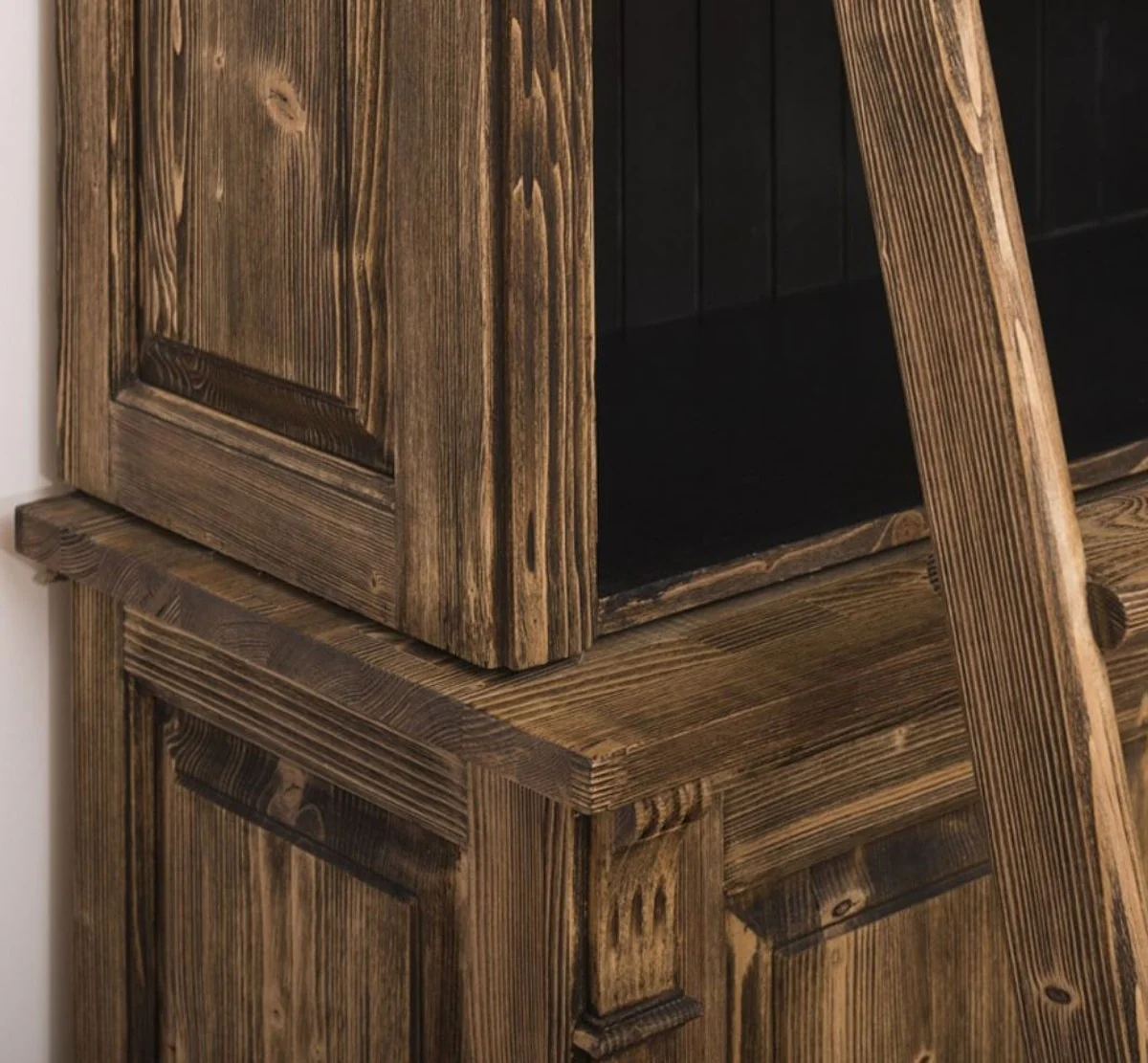 Country house style bookcase with ladder brown / black 120 x 51 x H. 228 cm - solid wood cabinet - shelf cabinet - living room cabinet - office cabinet - country house style furniture