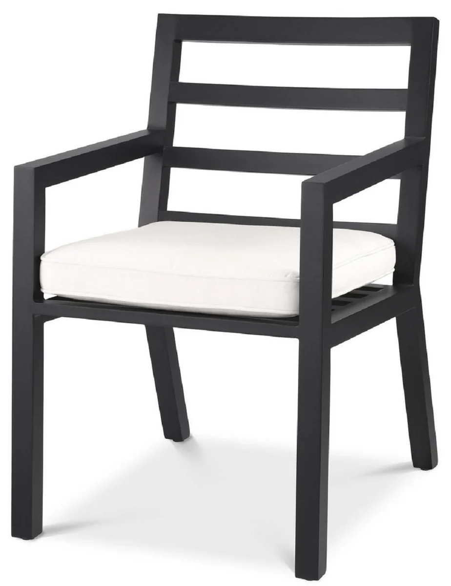 Luxury dining room chair with armrests black / white 56 x 66.5 x H. 87 cm - weatherproof aluminum chair with seat cushion - garden patio chair - luxury quality
