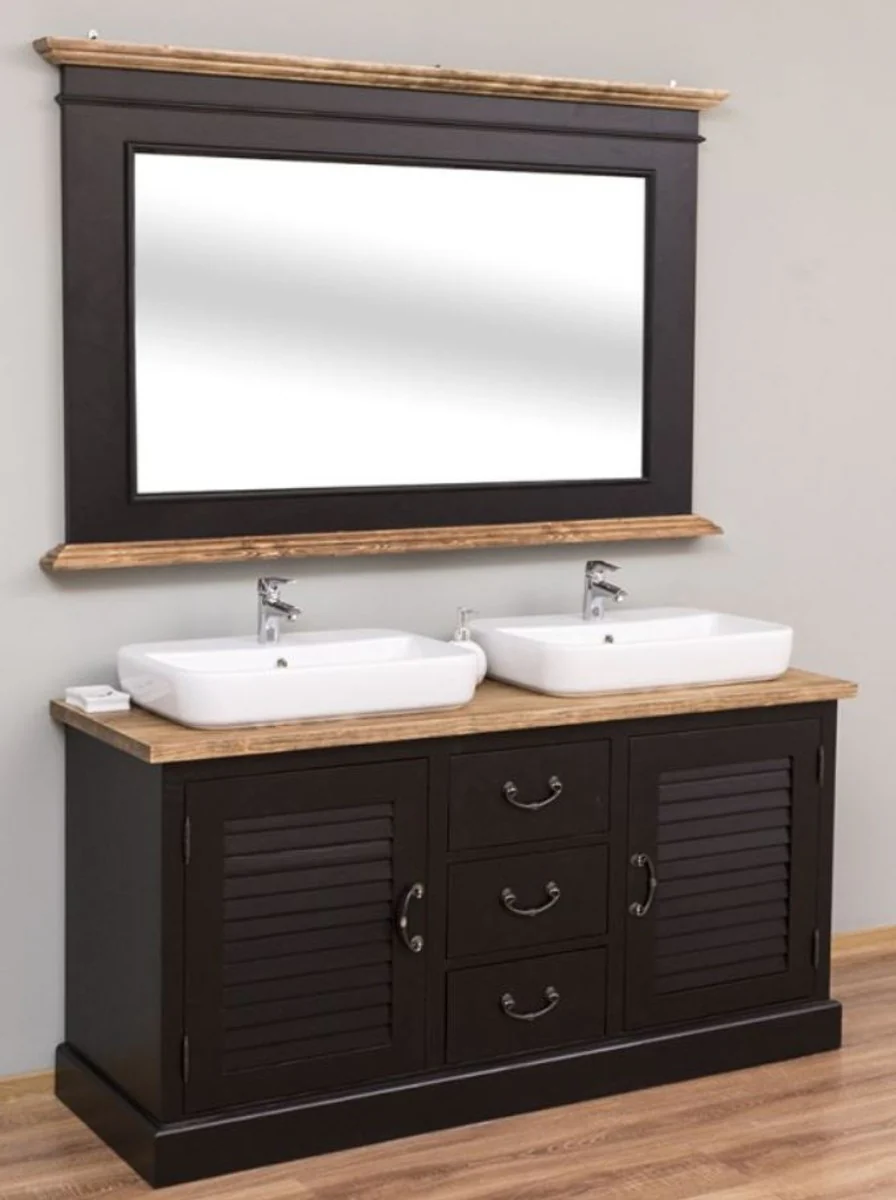 Country house style bathroom set black / natural colors - 1 double washbasin & 1 wall mirror - country house style bathroom furniture