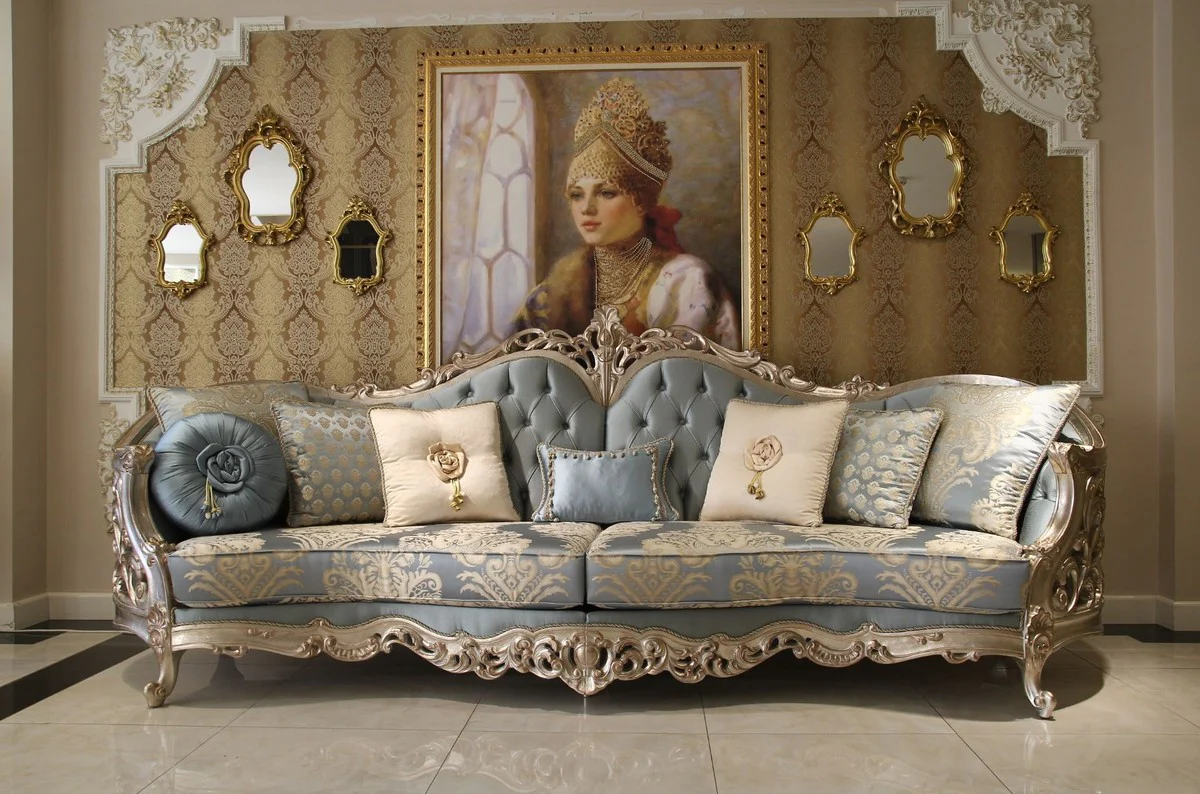 Luxury baroque living room sofa light blue / beige / silver 295 x 95 x H. 115 cm - Magnificent sofa in baroque style - Noble baroque living room furniture