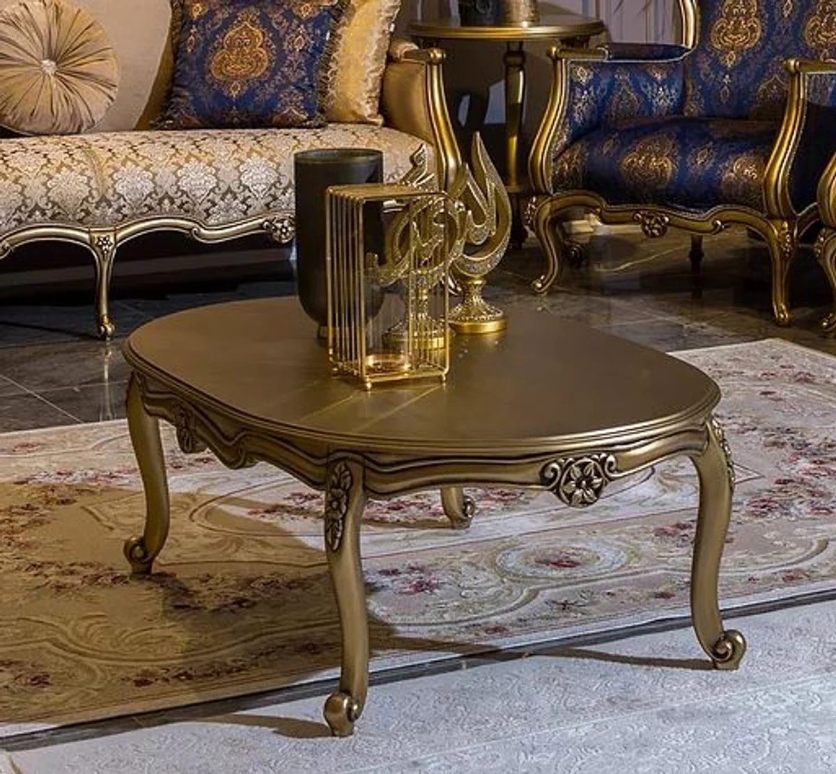 Luxury Baroque coffee table gold 129 x 81 x H. 45 cm - Oval solid wood living room table - Baroque style furniture