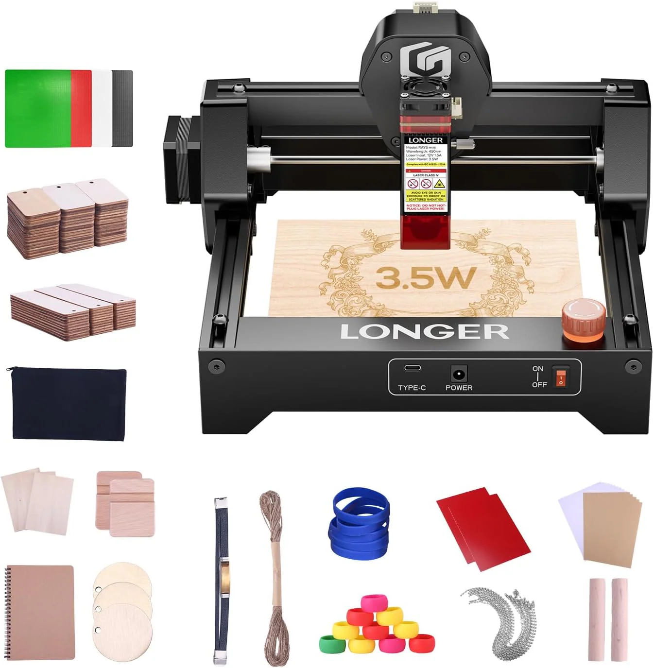 LONGER RAY5 Mini 3.5W Laser Engraver with 175pcs DIY Material Package, 12000mm/min High Speed ​​Cutter for Wood, Metal, Acrylic, Leather, DIY CNC, 130x140mm Engraving Area, WiFi, Emergency Safety