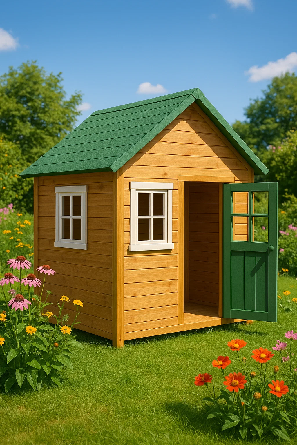 Spielhaus aus Naturholz mit Gründach für Kinder, geeignet für den Garten, 130 x 110 x 150 cm, MYFtShO162jq