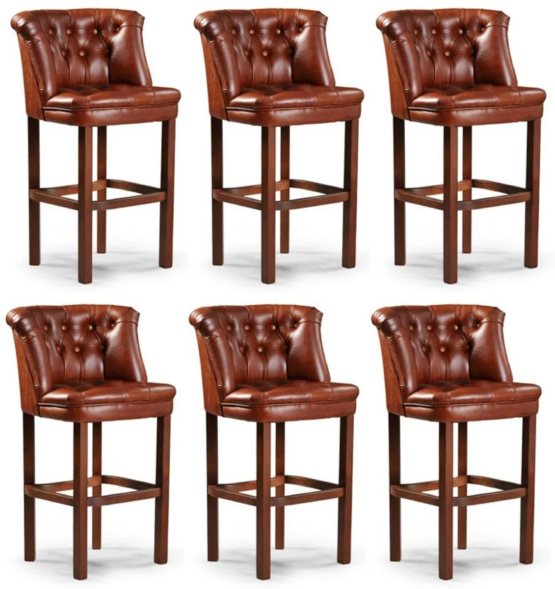 Luxury Chesterfield leather bar chairs set of 6 brown 63 x 56 x H. 107 cm - Padded real leather bar stools - Chesterfield furniture - Chesterfield bar furniture - Luxury bar furniture - Real leather bar furniture