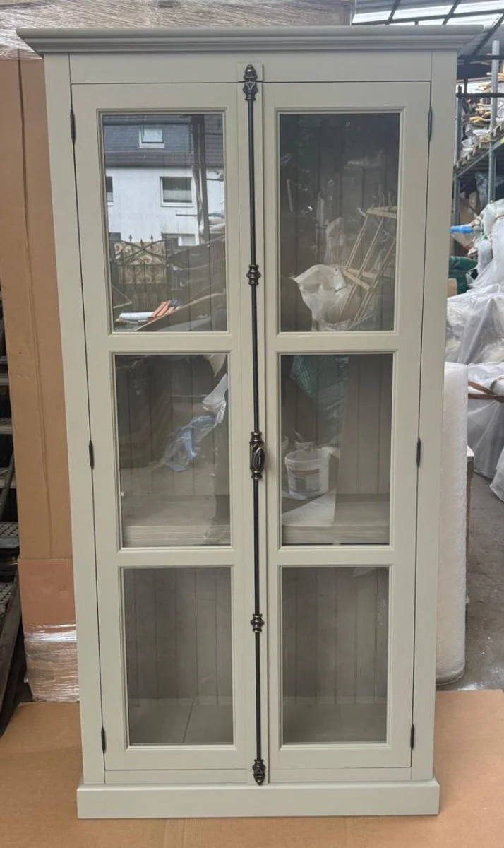 Landhausstil Massivholz Vitrine mit 2 Glastüren Grau 110 x 40 x H. 210 cm