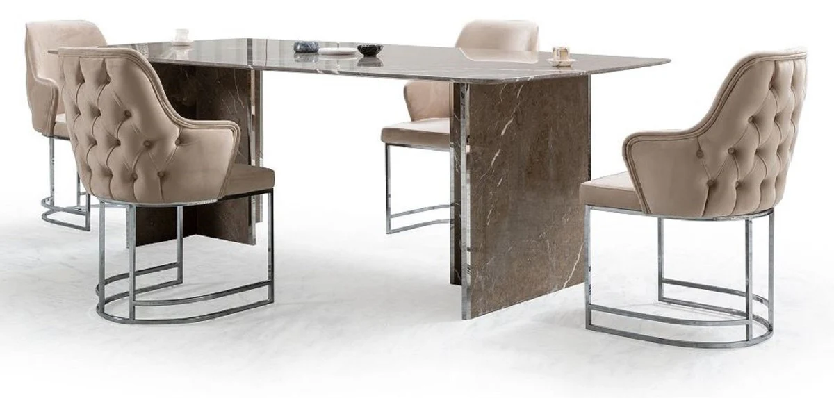 Luxury marble dining table brown / silver 220 x 110 x H. 75 cm - Rectangular marble kitchen table - Dining room furniture - Marble furniture - Luxury furniture - Dining room furnishings - Luxury furnishings