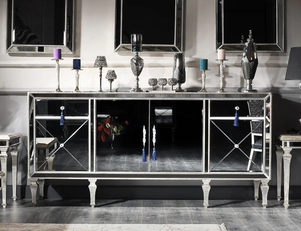 Luxury baroque chest of drawers with mirror glass silver / gold 205 x 55 x H. 100 cm - mirrored living room cabinet - luxury quality