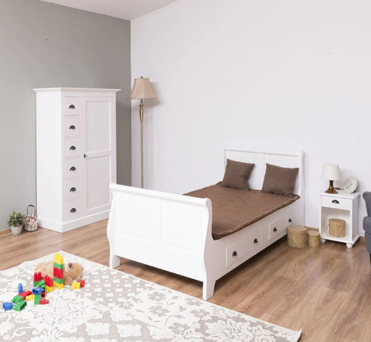 Country house style solid wood children's room furniture set white - 1 single bed & 1 wardrobe & 1 bedside table - country house style furniture