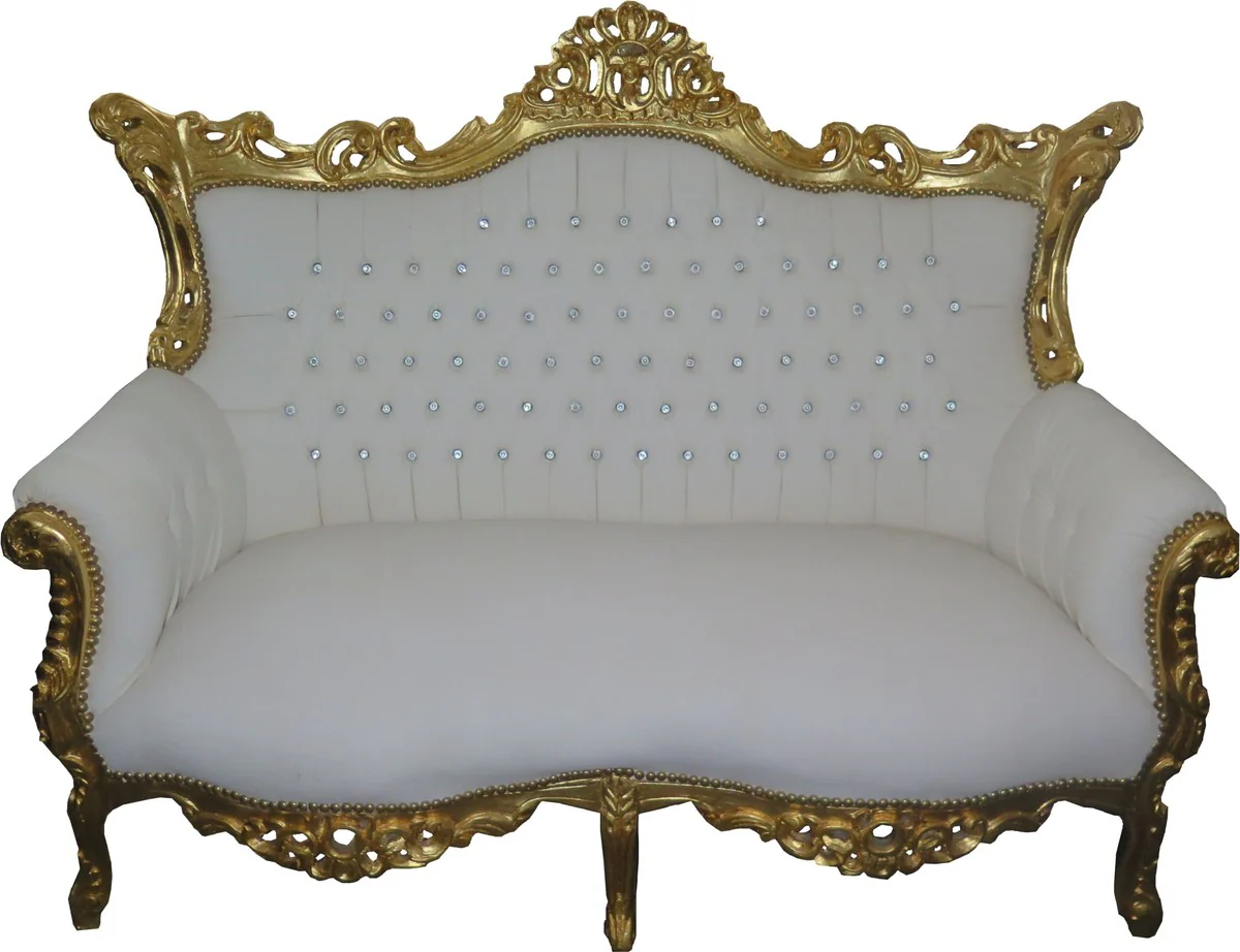 Baroque 2-seater sofa Master white leather look / gold with bling bling glitter stones - antique style furniture - Limied Edition