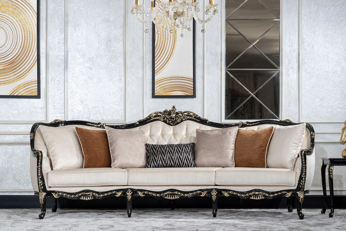 Luxury Baroque Living Room Sofa Cream / Black / Gold - Handmade Baroque Style Sofa with Decorative Cushions - Luxury Living Room Furniture in Baroque Style - Baroque Furniture - Noble & Magnificent