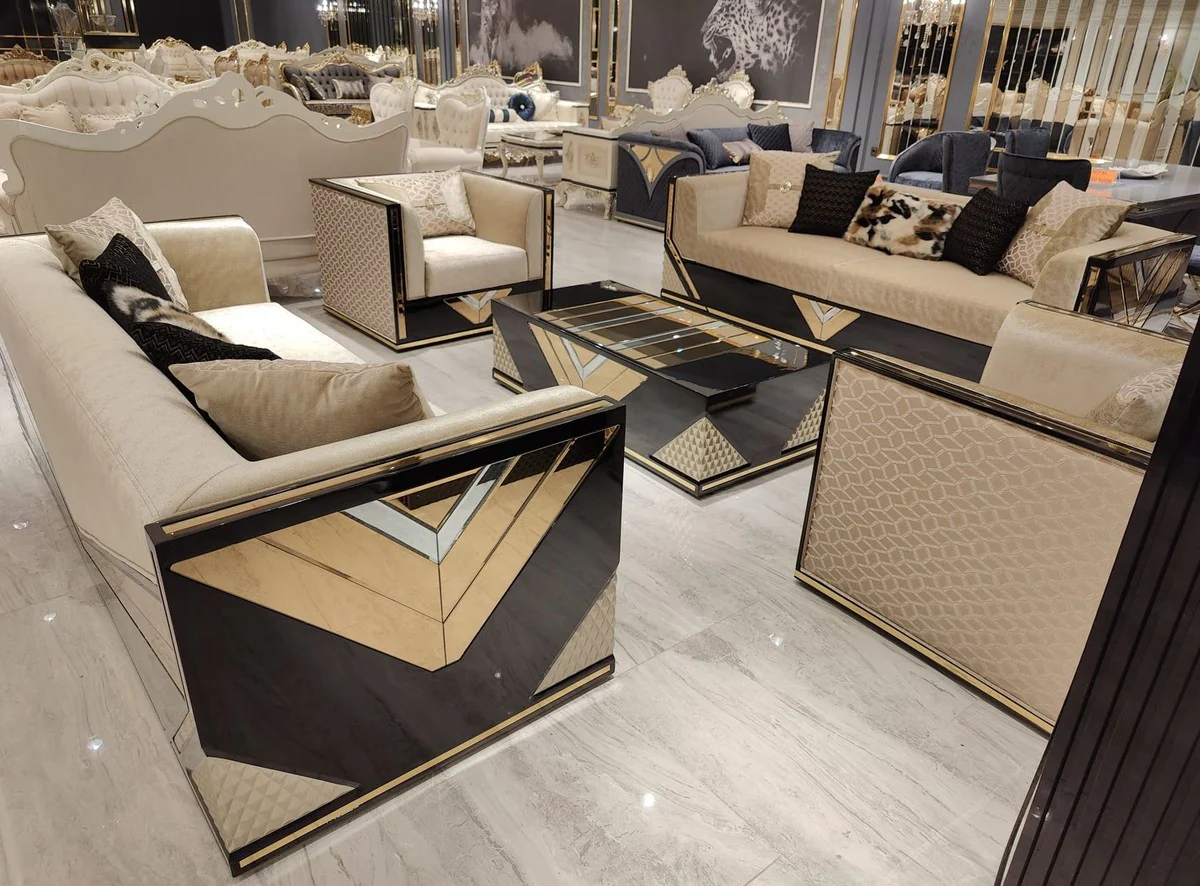 Luxus Wohnzimmer Set Gold / Schwarz - 2 Luxus Sofas & 2 Luxus Sessel & 1 Luxus Couchtisch - Wohnzimmer Möbel - Luxus Möbel - Luxus Einrichtung - Wohnzimmer Einrichtung