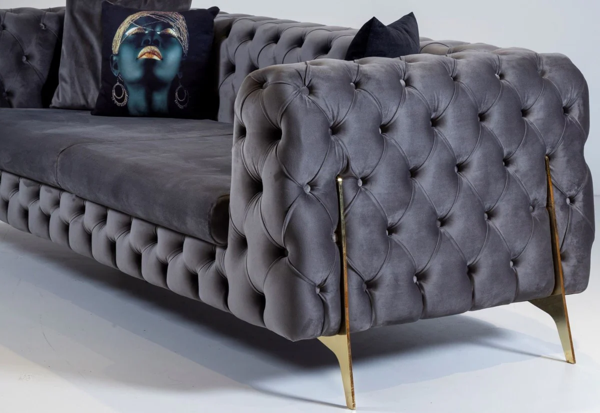 Luxury Chesterfield velvet sofa gray / brass 240 x 95 x H. 81 cm - Modern living room sofa - Chesterfield furniture