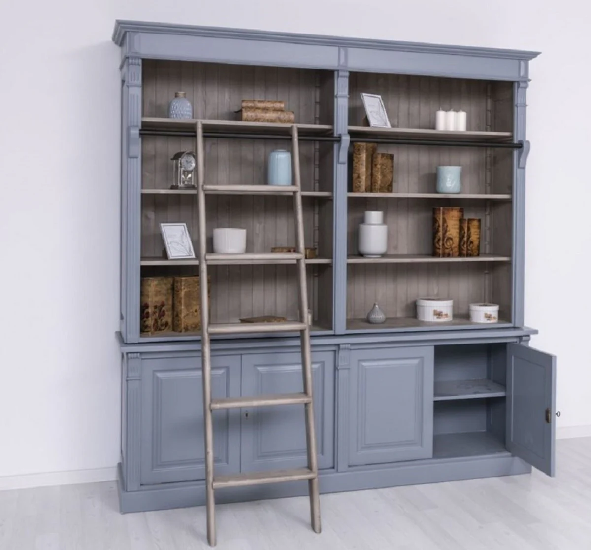 Country house style bookcase with ladder light blue / gray 223 x 51 x H. 228 cm - solid wood cupboard - living room cupboard - shelf cupboard - office cupboard - country house style furniture