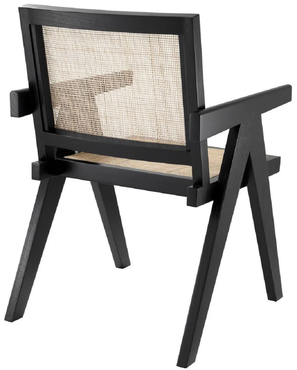Luxury dining room chair black / natural colors 57 x 65.5 x H. 90 cm - solid wood chair with armrests and hand-woven rattan weave - luxury dining room furniture