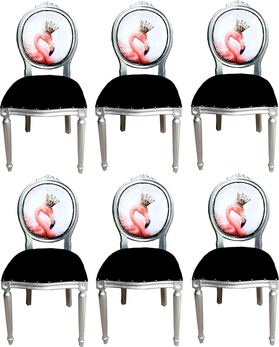 Luxury baroque dining room set flamingo with crown black / multicolored / silver 48 x 50 x H. 98 cm - 6 handmade dining chairs with bling bling glitter stones - baroque dining room furniture