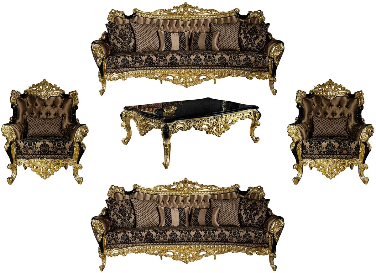 Luxus Barock Wohnzimmer Set Braun / Schwarz / Gold - 2 Sofas & 2 Sessel & 1 Couchtisch - Prunkvolle Wohnzimmer Möbel im Barockstil