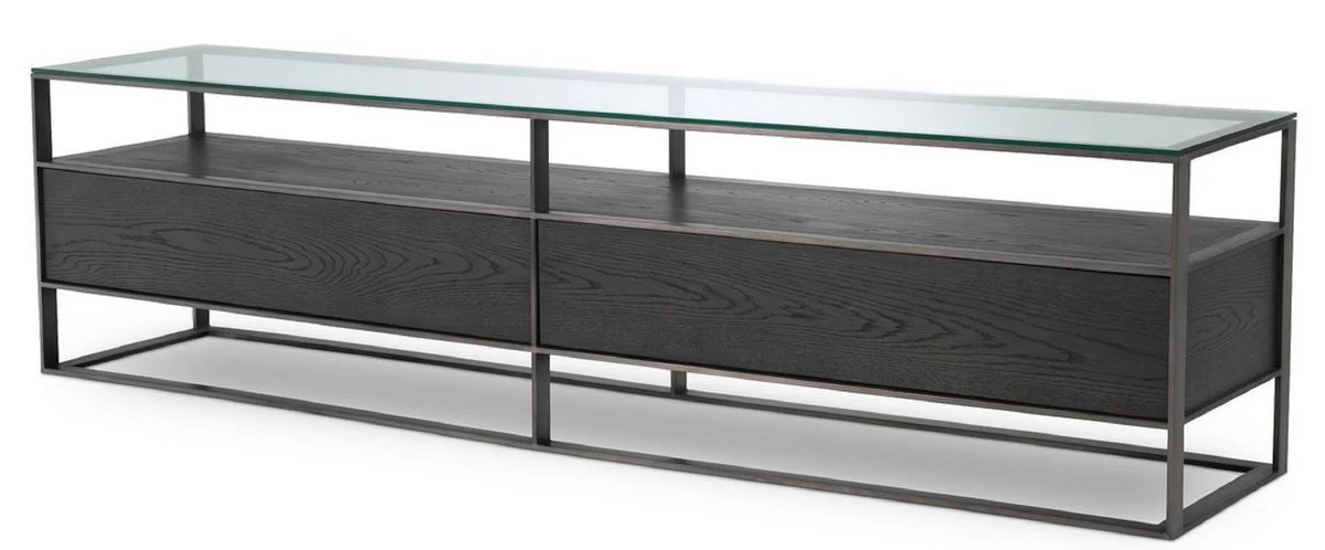 Luxury TV cabinet gray / black 220 x 46 x H. 56.5 cm - Sideboard with glass top and 2 drawers - Luxury living room furniture