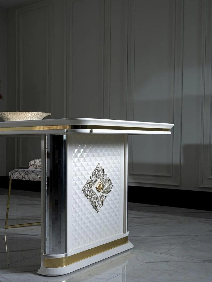Luxury Art Deco Dining Table White / Gold - Handcrafted Solid Wood Kitchen Table with Mirror Glass - Art Deco Dining Room Furniture