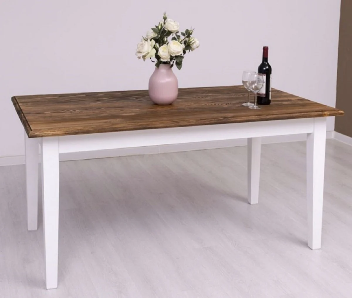 Country house style dining table dark brown / white 160 x 90 x H. 78 cm - solid wood kitchen table - country house style dining room furniture