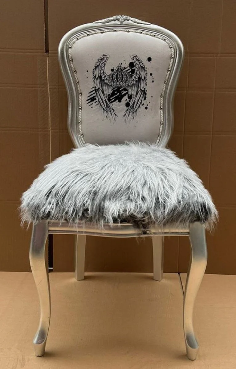 Pompöös by Luxury Baroque Dining Room Chair Crown with Faux Fur and Glitter Stones Gray / White / Silver - Pompööser Baroque Chair designed by Harald Glööckler