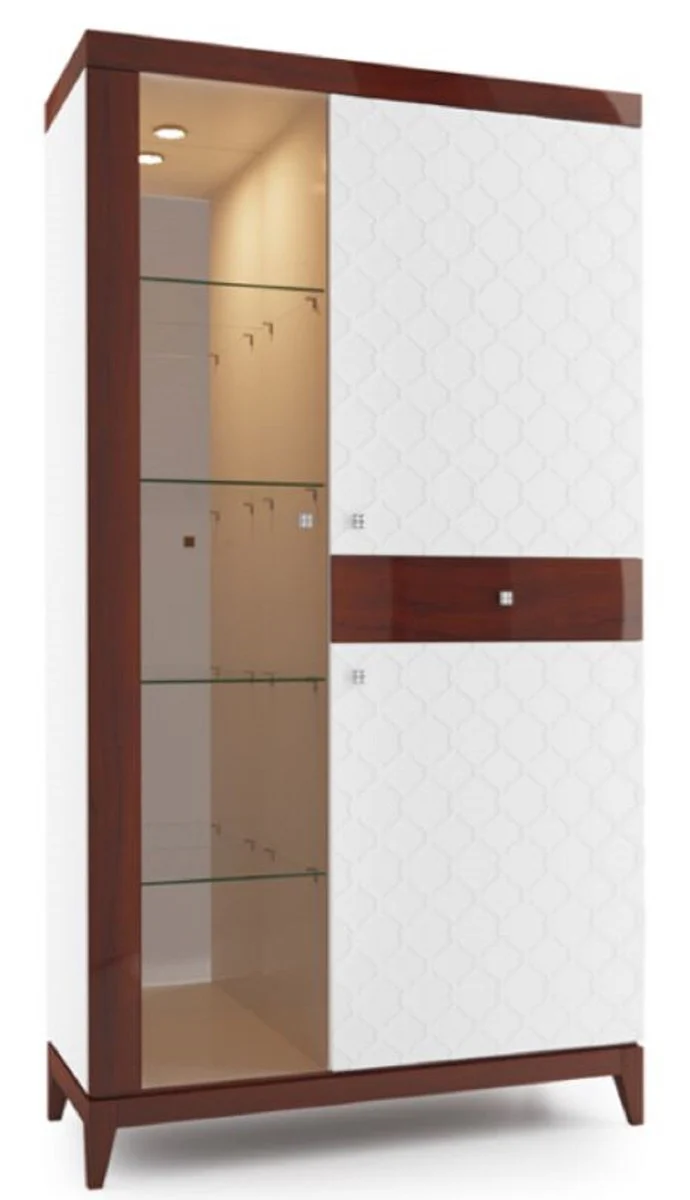 Luxury display cabinet white / high gloss brown 111.2 x 45 x H. 205 cm - Illuminated living room cabinet with 2 doors and drawer - Living room furniture