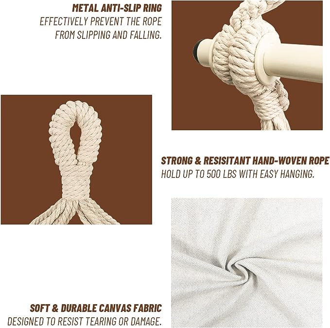 Highwild Hammock Chair Hanging Rope Swing - Max 500 Lbs - 2 Cushions Included - Steel Spreader Bar with Anti-Slip Rings - for all indoor or outdoor spaces