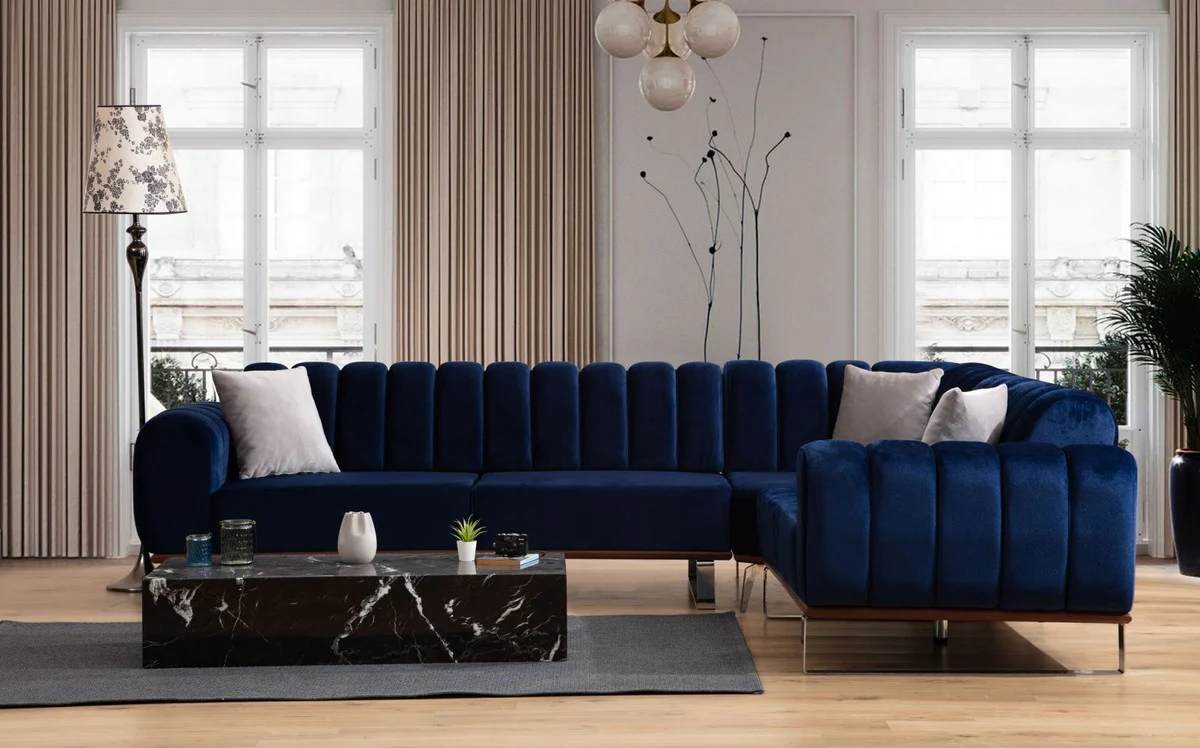 Luxus Ecksofa mit verstellbaren Rückenlehnen Blau / Braun / Silber 320 x 180 x H. 80 cm - Wohnzimmer Sofa - Wohnzimmer Möbel - Luxus Möbel - Luxus Einrichtung