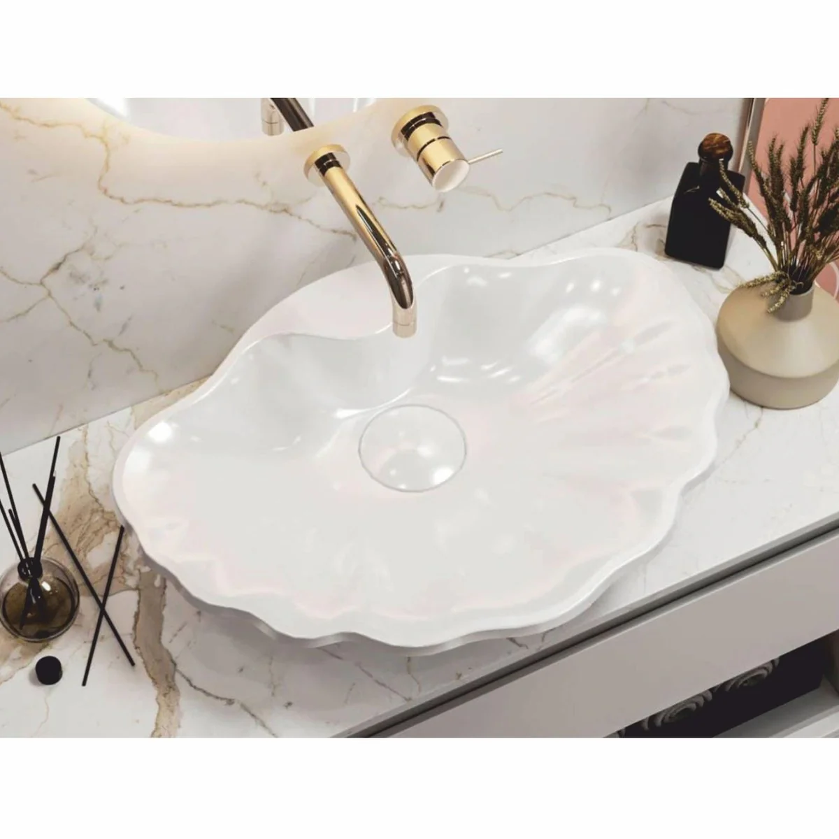 Luxury basin bowl in shell shape high gloss white 61.8 cm