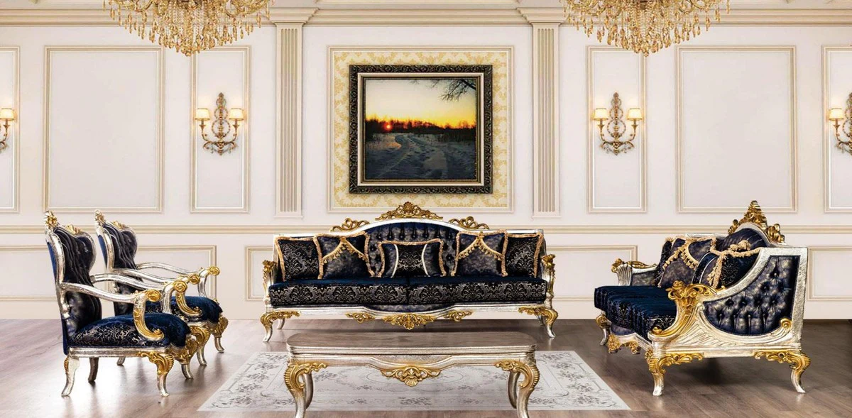 Luxus Barock Wohnzimmer Set Royalblau / Schwarz / Silber / Gold - 2 Barock Sofas mit Muster & 2 Barock Sessel mit Muster & 1 Barock Couchtisch - Barock Wohnzimmer Möbel