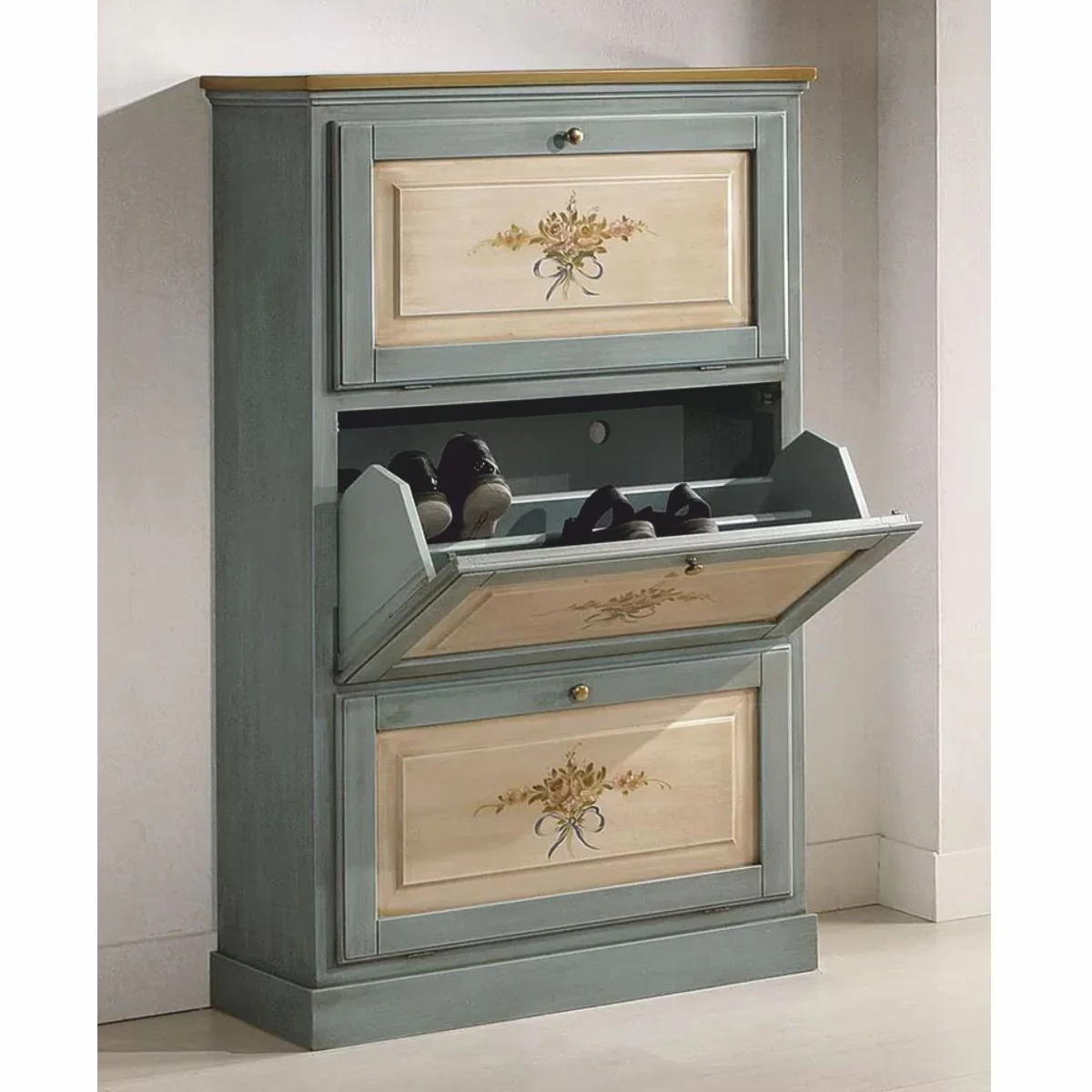 Luxury Baroque shoe cabinet blue / natural / brown H. 130 cm - Made in Italy