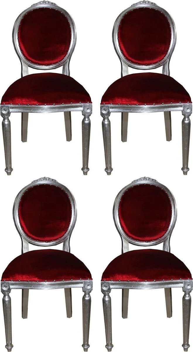 Luxury Baroque dining room set medallion Bordeaux red / silver 50 x 52 x H. 99 cm - 4 handmade dining chairs - Baroque dining room furniture
