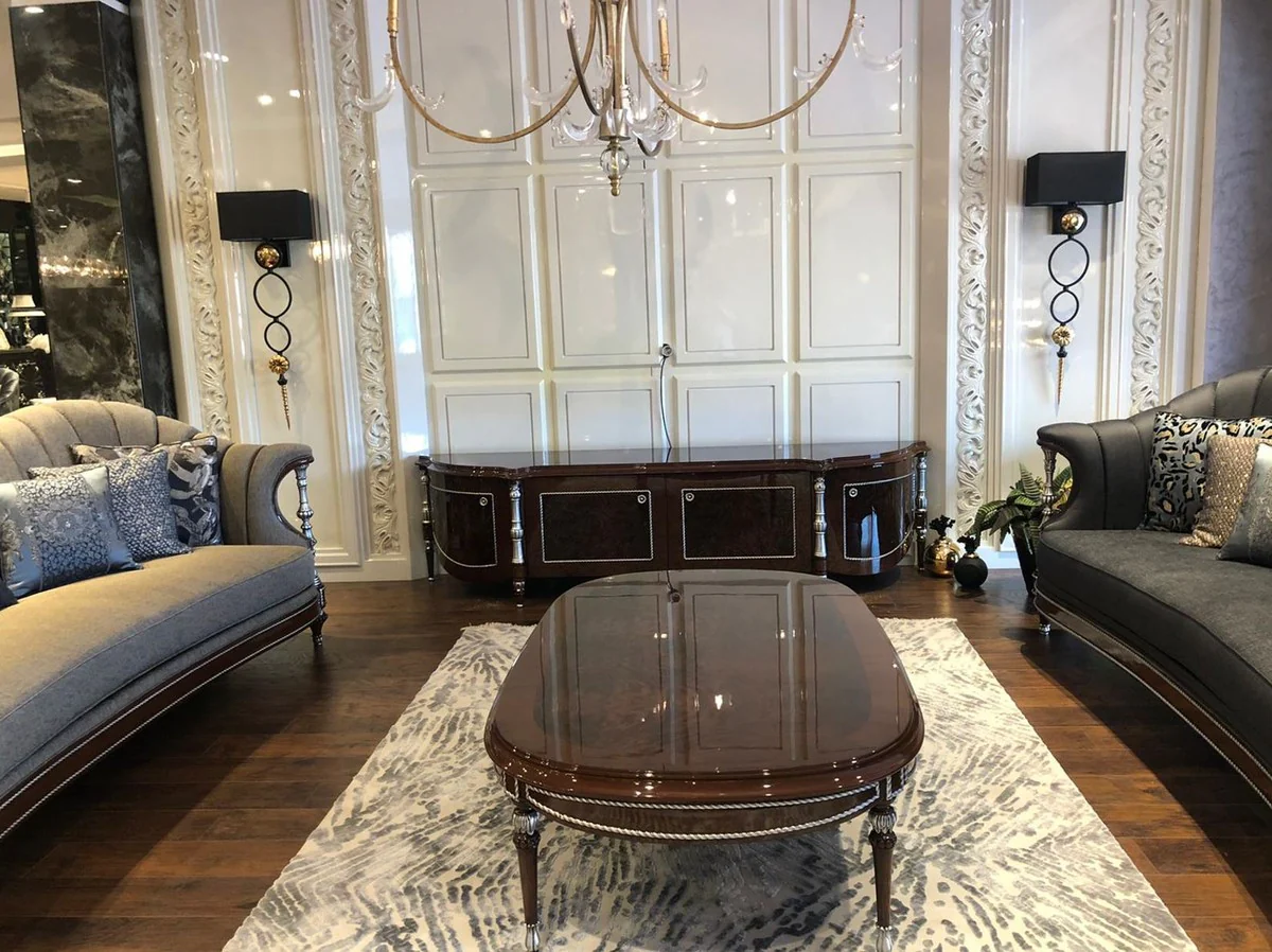 Luxury baroque coffee table brown / silver 144 x 92 x H. 45 cm - Oval solid wood living room table - Noble baroque living room furniture