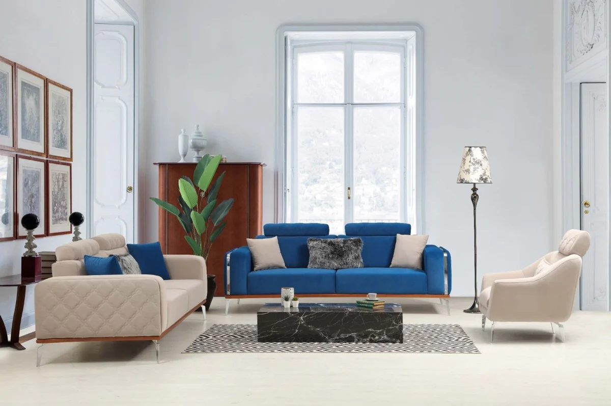 Luxury living room sofa with adjustable backrest blue / brown / silver 225 x 95 x H. 89 cm - Luxury living room furniture