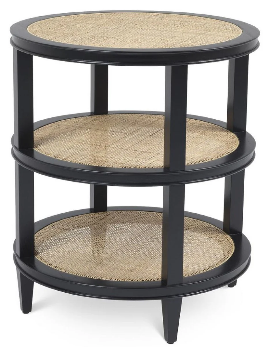 Luxury side table black / natural color Ø 55 x H. 64 cm - Round solid wood table with rattan weave - Living room furniture - Luxury collection