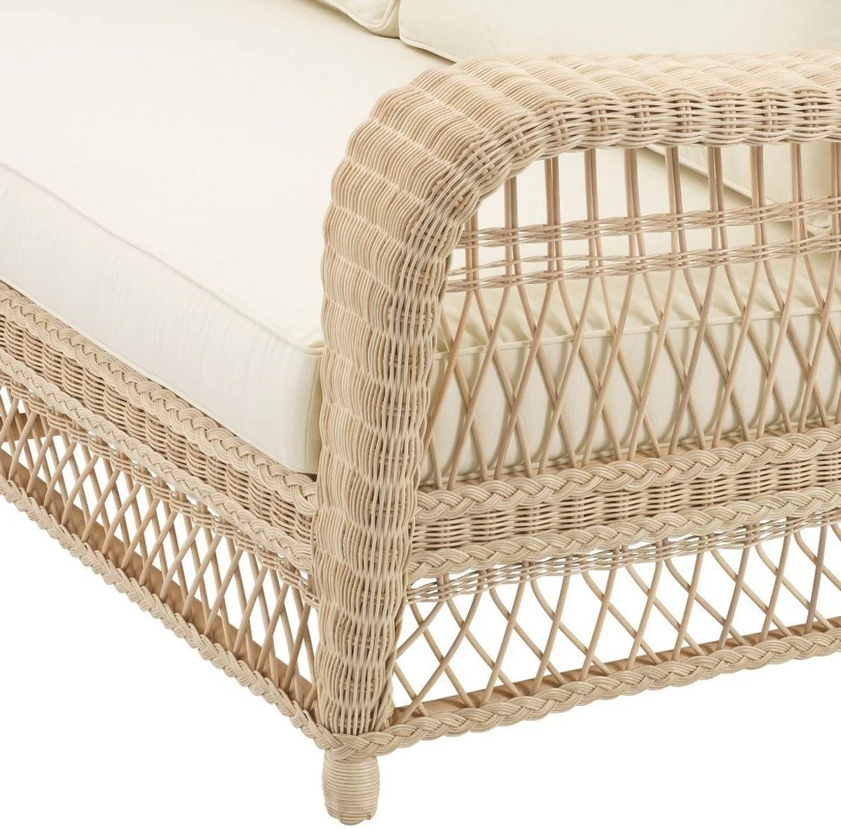 Luxury living room sofa with cushions natural / cream 202 x 99 x H. 97 cm - Upholstered couch with hand-woven rattan weave