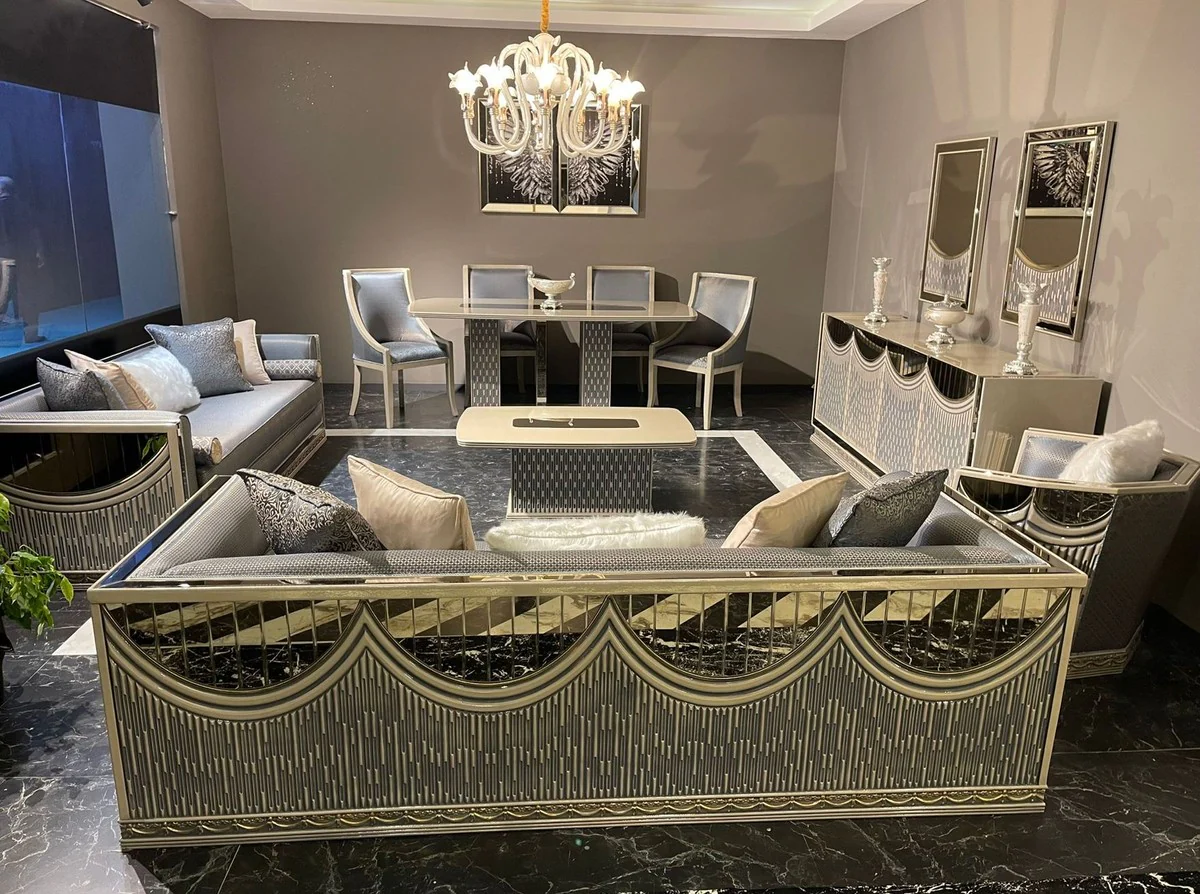 Luxury Art Deco Sofa Light Blue / Silver / Cream - Mirrored Living Room Sofa - Living Room Furniture - Art Deco Furniture - Luxury Furniture - Art Deco Furnishings - Luxury Furnishings
