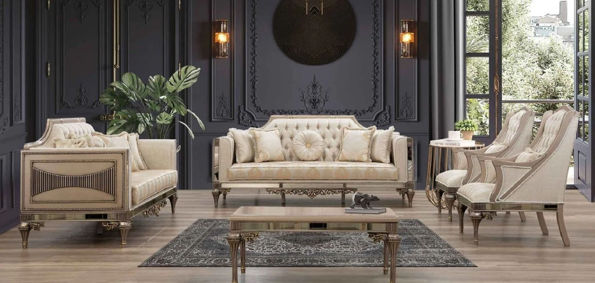 Luxus Barock Wohnzimmer Set - 2 Sofas & 2 Sessel & 1 Couchtisch - Handgefertigte Wohnzimmer & Hotel Möbel im Barockstil - Edel & Prunkvoll