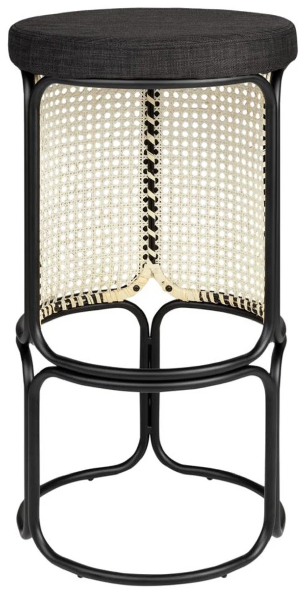 Designer bar stool black / natural color Ø 40.5 x H. 75.5 cm - Round padded bar chair with elegant rattan weave and powder-coated steel frame